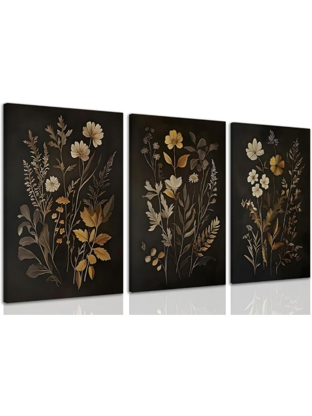 Vintage Dark Botanical Wall Art Set of 3 | Cottagecore Wildflower Decor 16x12